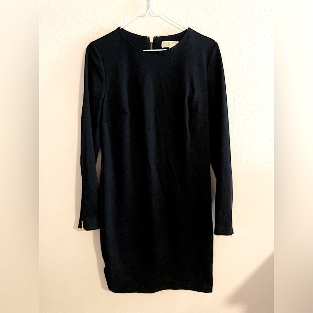 Michael Kors Small Black Stretch Gold Zippers Mini Tunic Sheath Dress